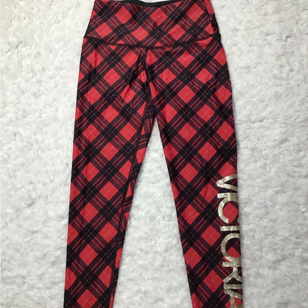 Victoria’s Secret Victoria Sport Red Black Plaid Legging Gold Glitter Small